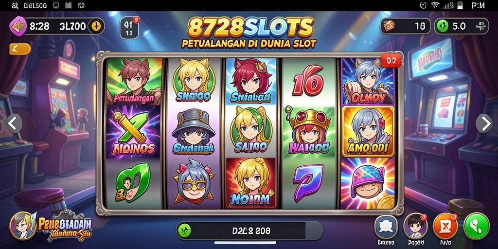 Screenshot gameplay 8728SLOTS dengan karakter anime yang menarik.