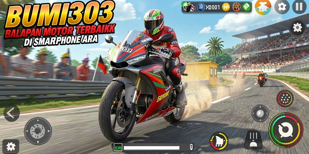 Tampilan gameplay <strong>BUMI303</strong> dengan balapan motor yang seru.