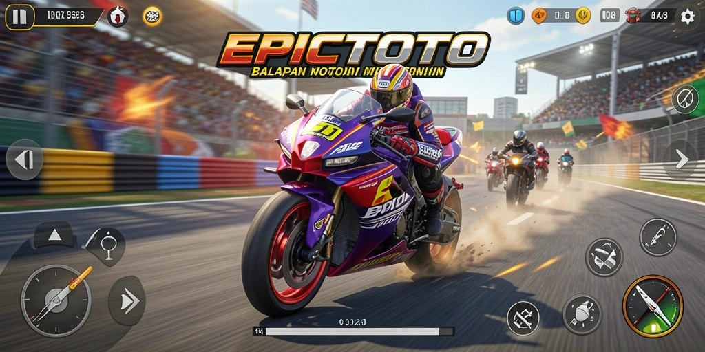 Screenshot gameplay EPICTOTO menunjukkan aksi balapan motor yang seru.