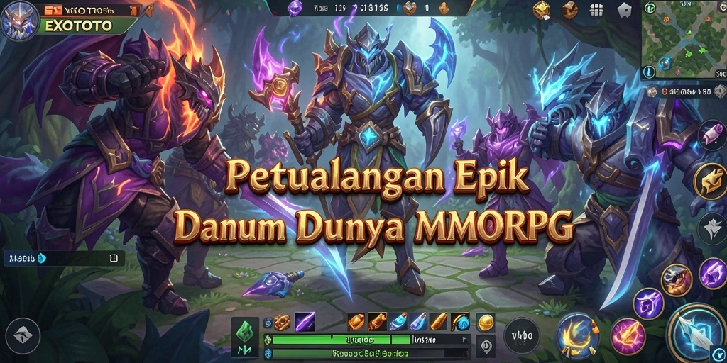 Gambaran utama gameplay EXOTOTO dengan pertarungan epik dan dunia luar biasa.
