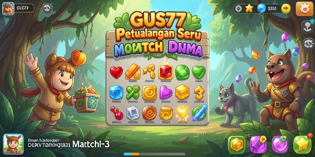 Screenshot GUS77 menunjukkan gameplay seru Match-3 dengan efek warna-warni.