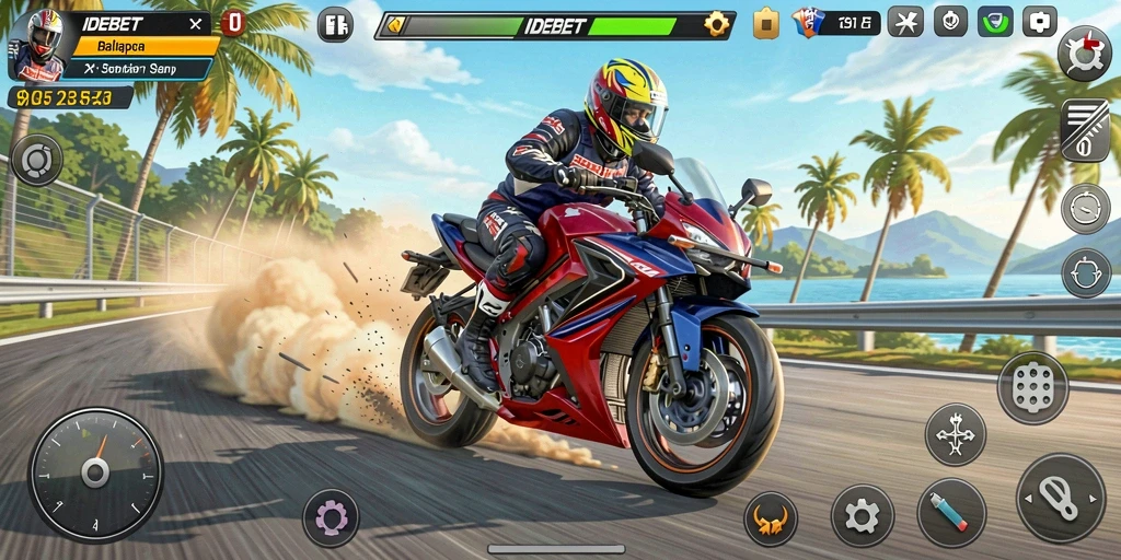 Tangkapan layar menunjukkan intensitas balapan motor yang mendebarkan.
