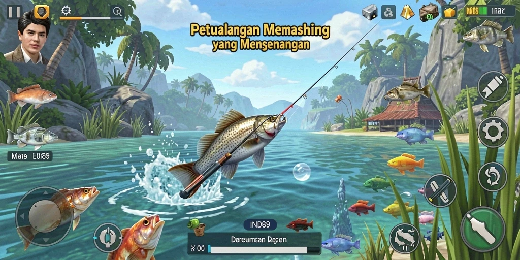 Gameplay menarik dengan berbagai jenis ikan dan lokasi memancing.