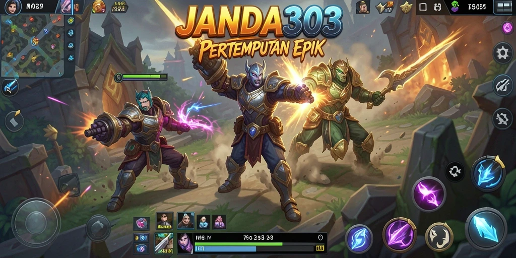 Screenshot gameplay JANDA303 menampilkan aksi seru di arena pertempuran.