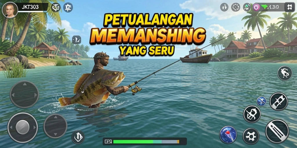 Tampilan menarik dari gameplay JKT303 yang menampilkan pemancing di danau.