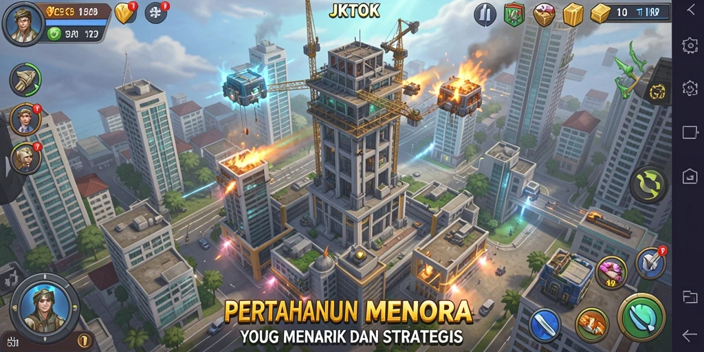 Gameplay JKTOK menampilkan menara pertahanan yang strategis dan serangan musuh.