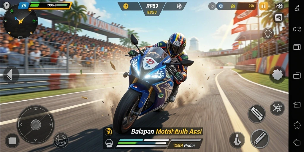 Tampilan gameplay balapan motor yang mendebarkan dan penuh aksi.