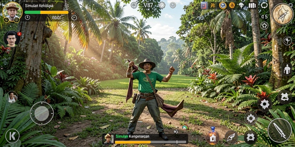 Screenshot menampilkan gameplay interaktif dan kustomisasi karakter di V87.